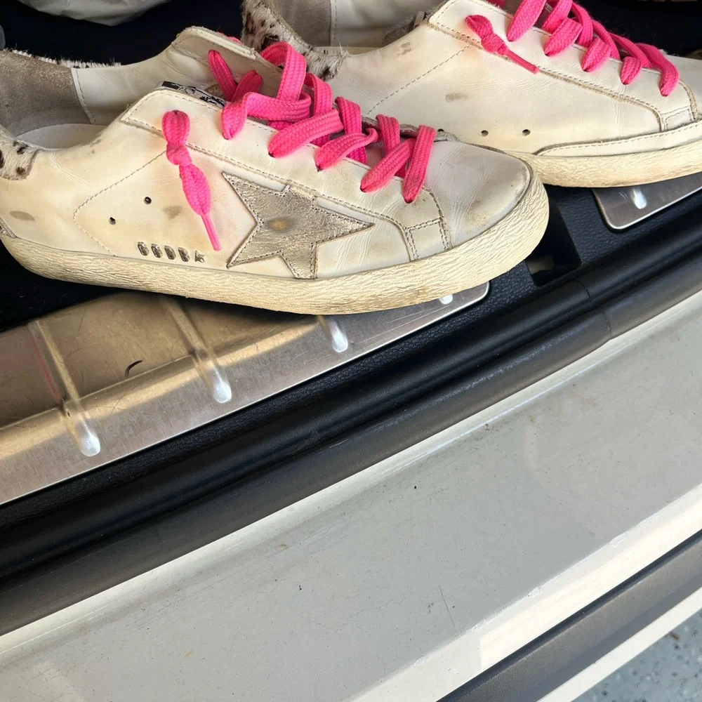 Golden Goose Leopard Print & White Sneakers with Pink Laces